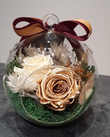 Gold and White preserved rose in a glass dome