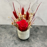 Red preserved rose in a grey ceramic pot