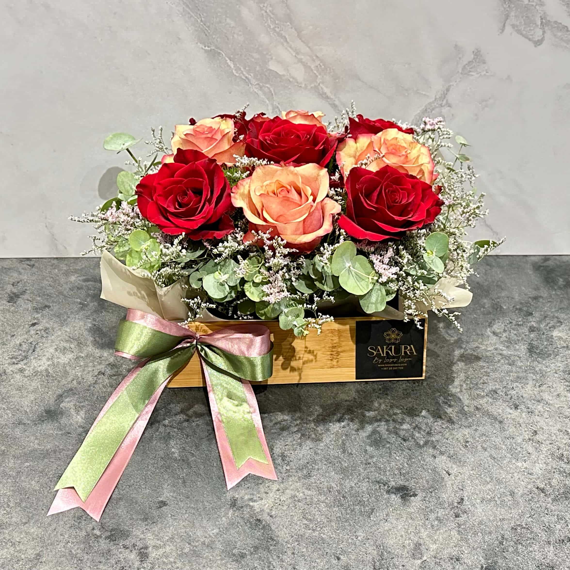 Vintage & Red Roses in a rectangle bamboo box - Sakura By Loizos Loizou