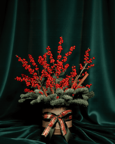 LUXURY CHRISTMAS ARRANGEMENT WITH RED ILEX AND PINE IN A GOLD BOX